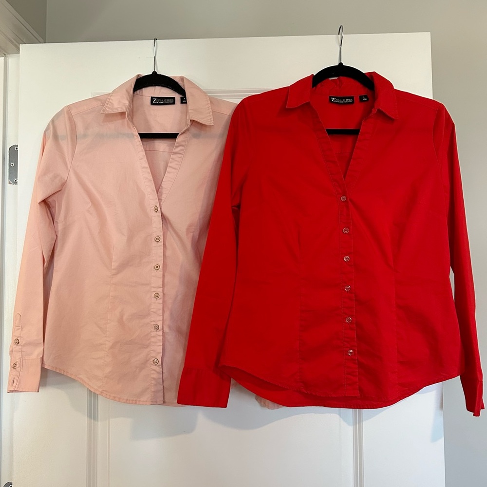 Bundle of 2 New York & Company Button Down Collared Shirts Red and Pink Size S